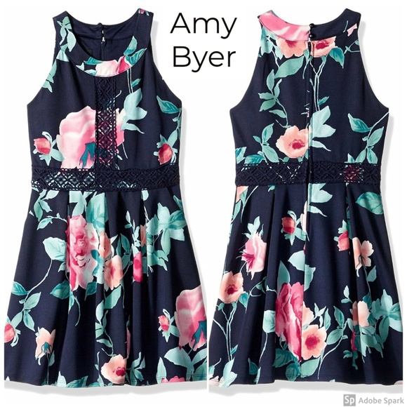 Amy Byer Other - Amy Byer Girls Navy Floral Scuba Fit n Flare Dress Size 8 Sleeveless NWT